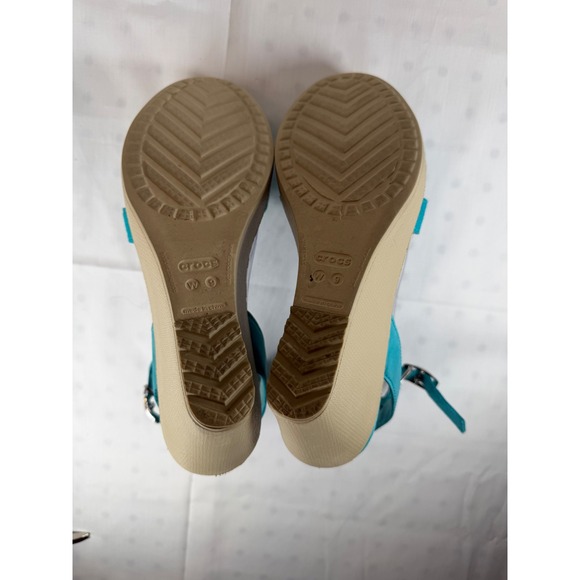 Crocs Leigh II Ankle Strap Wedge Sandals Turquoise Blue Canvas Womens Size 9 - Picture 7 of 7